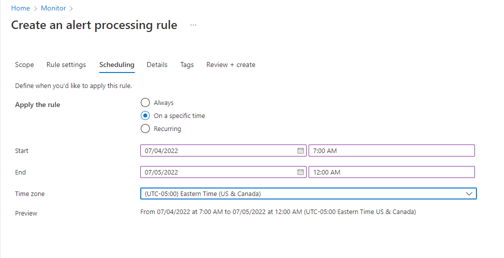 Screenshot that shows the Scheduling tab of the alert processing rules wizard with a one-time rule.