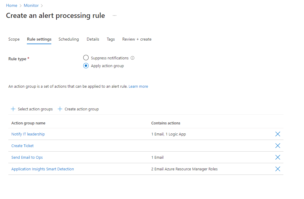 Screenshot that shows the Rule settings tab of the alert processing rules wizard.