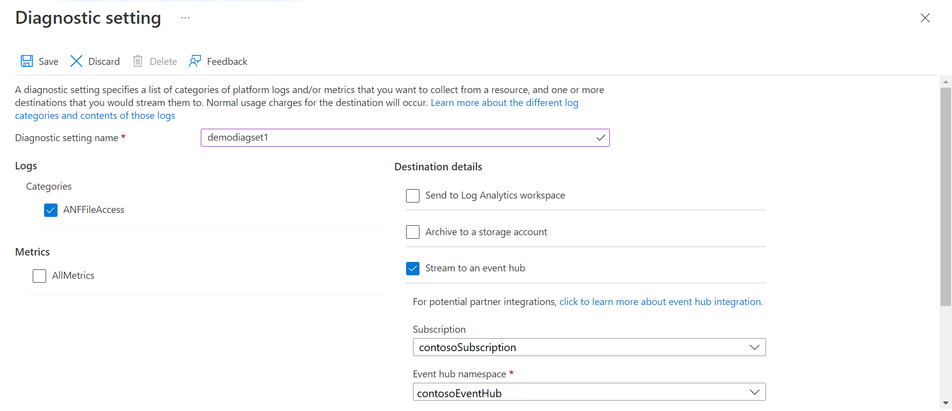 Screenshot of Azure Diagnostic settings menu with file access diagnostic setting.