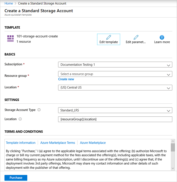 Screenshot of Azure portal displaying pane for providing parameter values.