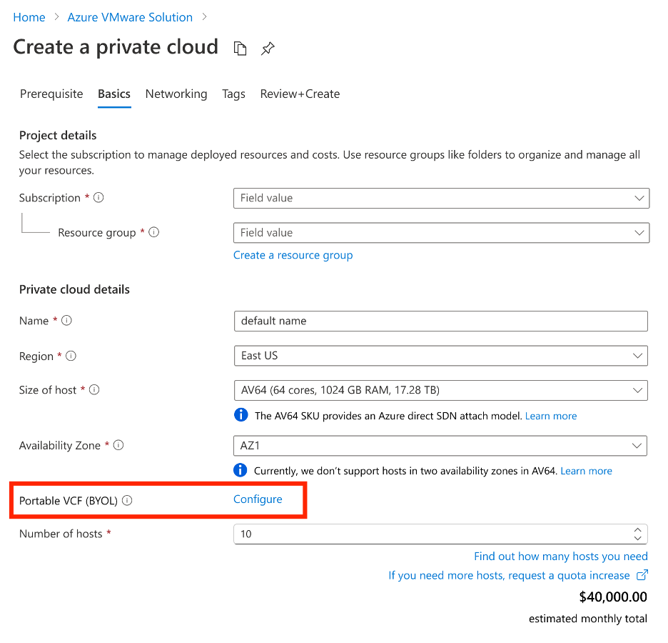 Screenshot of the option to register VCF portable subscription entitlements with Microsoft while creating an Azure VMware Solution private cloud.