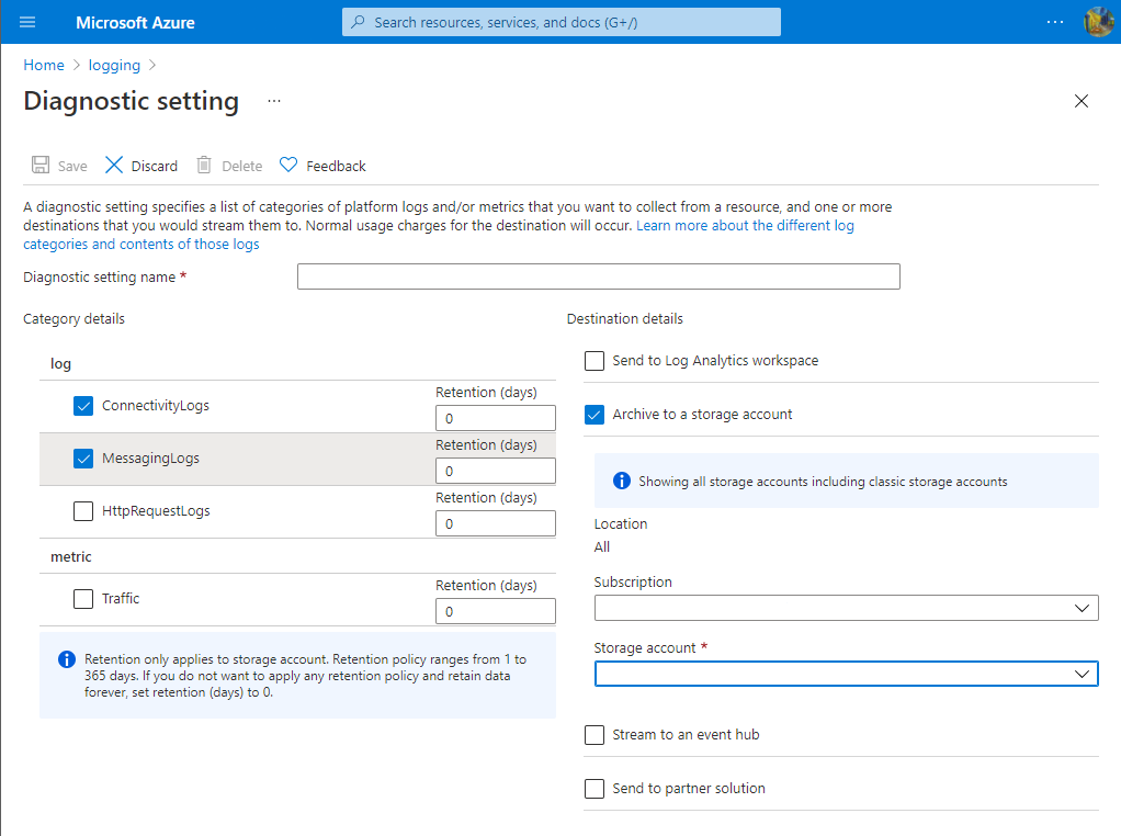 Screenshot of configuring diagnostic setting detail.