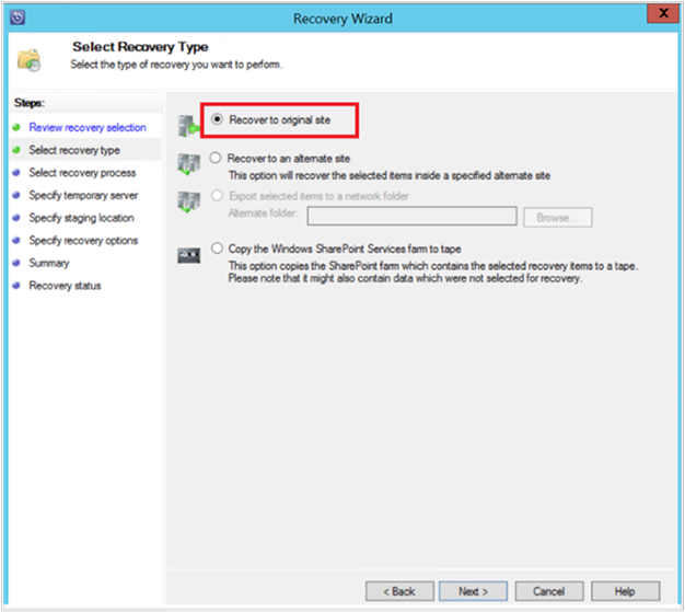 Screenshot showing how to select the recovery type.