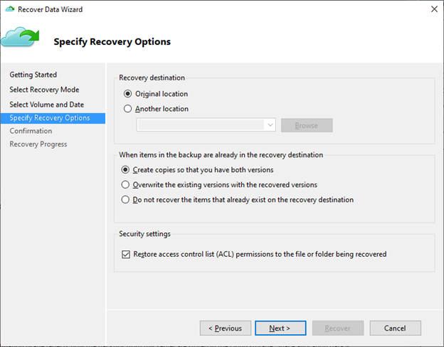 Specify recovery options