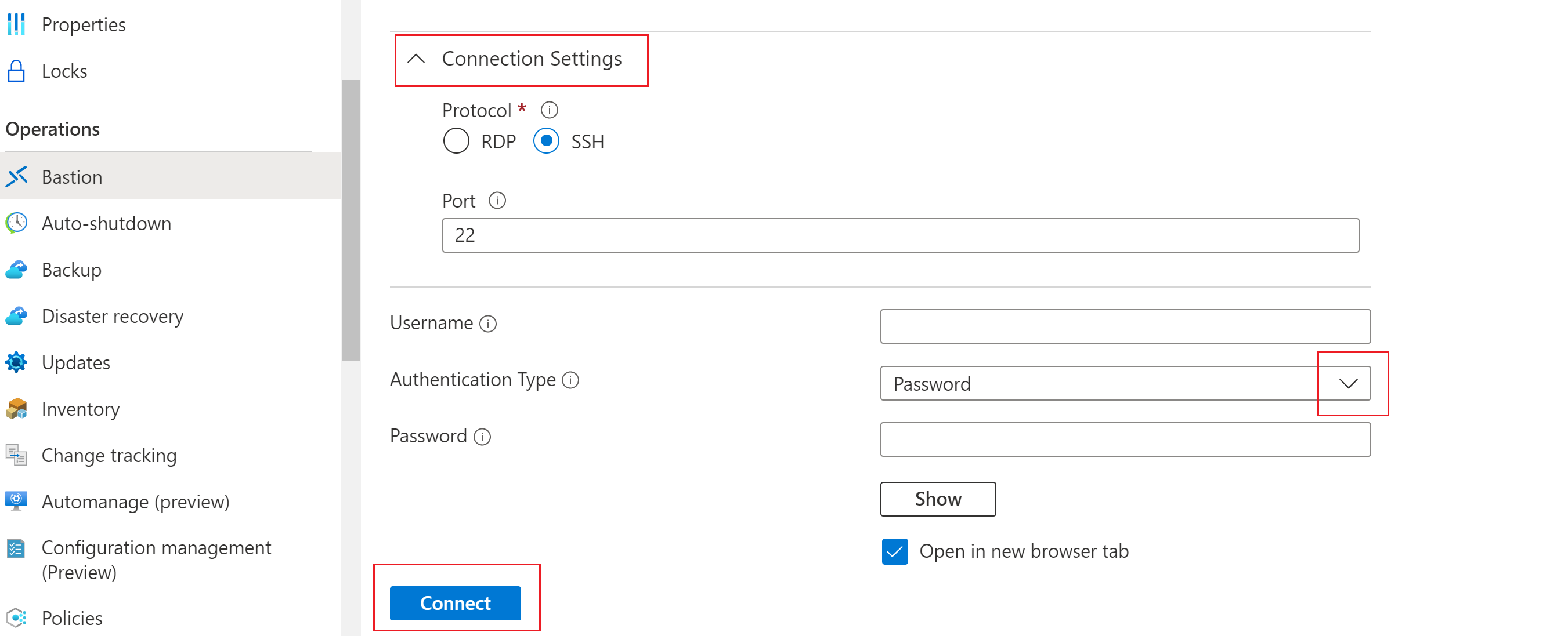 Screenshot shows Password authentication.