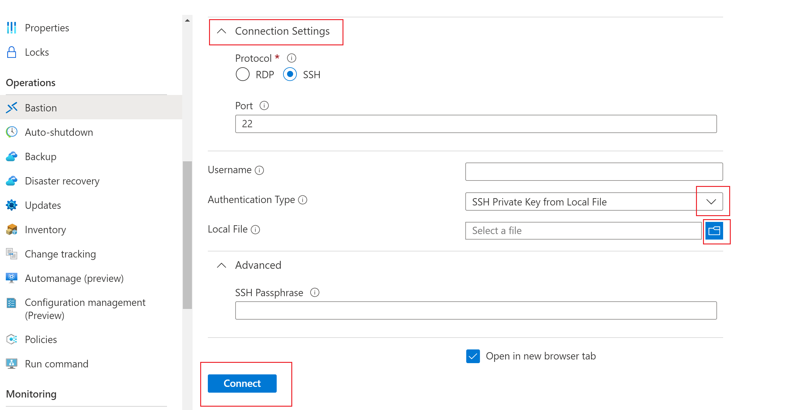 Screenshot shows private key from local file authentication.