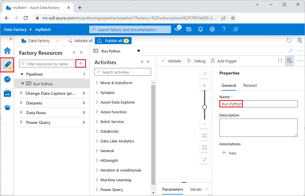 Screenshot of Data Factory Studio after you select Add pipeline.