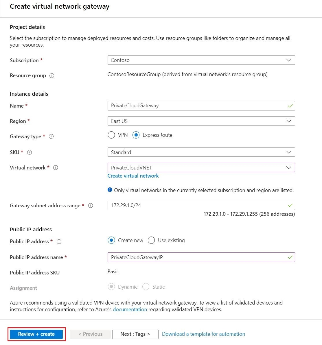 Screenshot of the Create virtual network gateway pane.