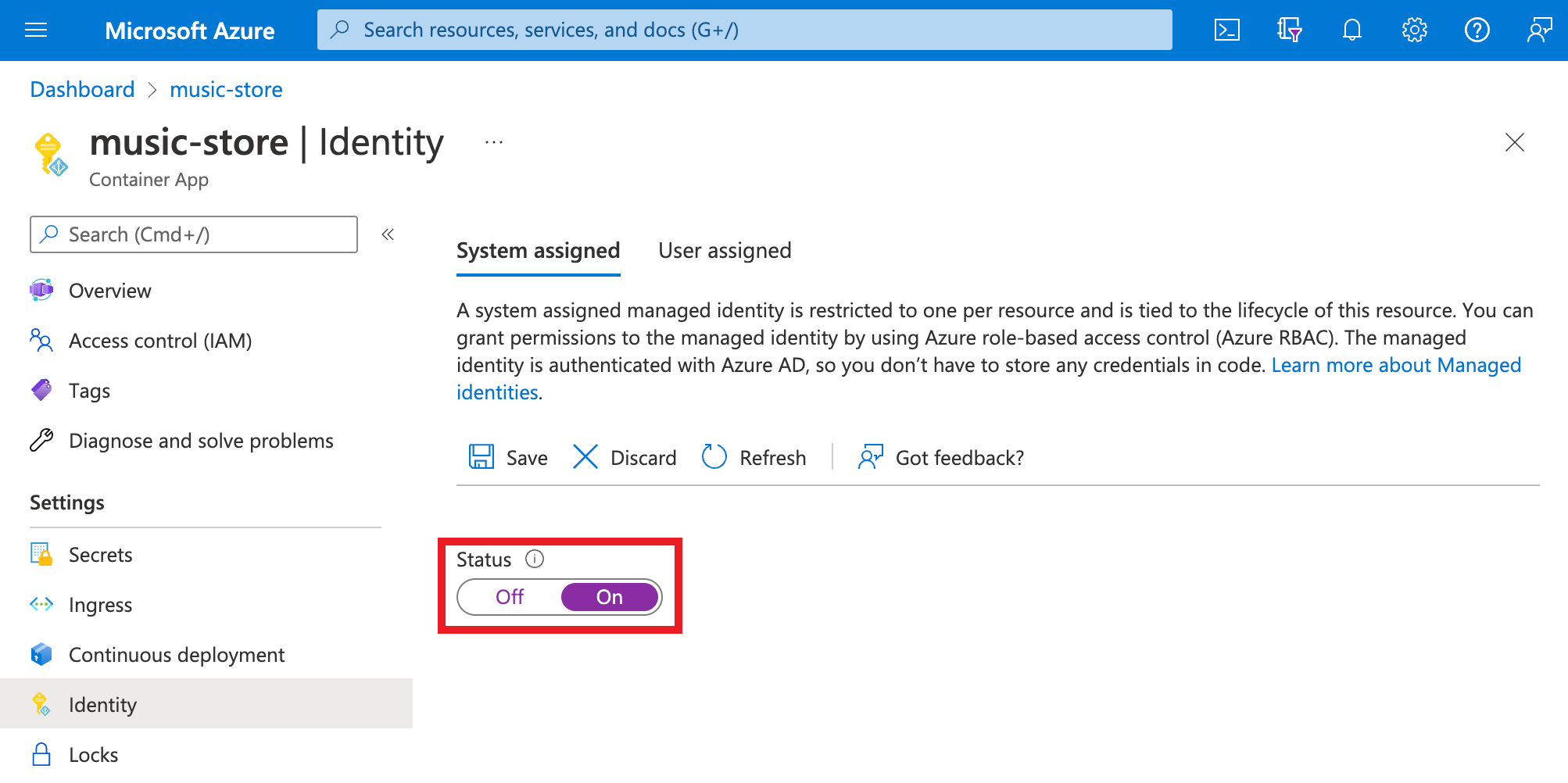 Screenshot of system-assigned identities.