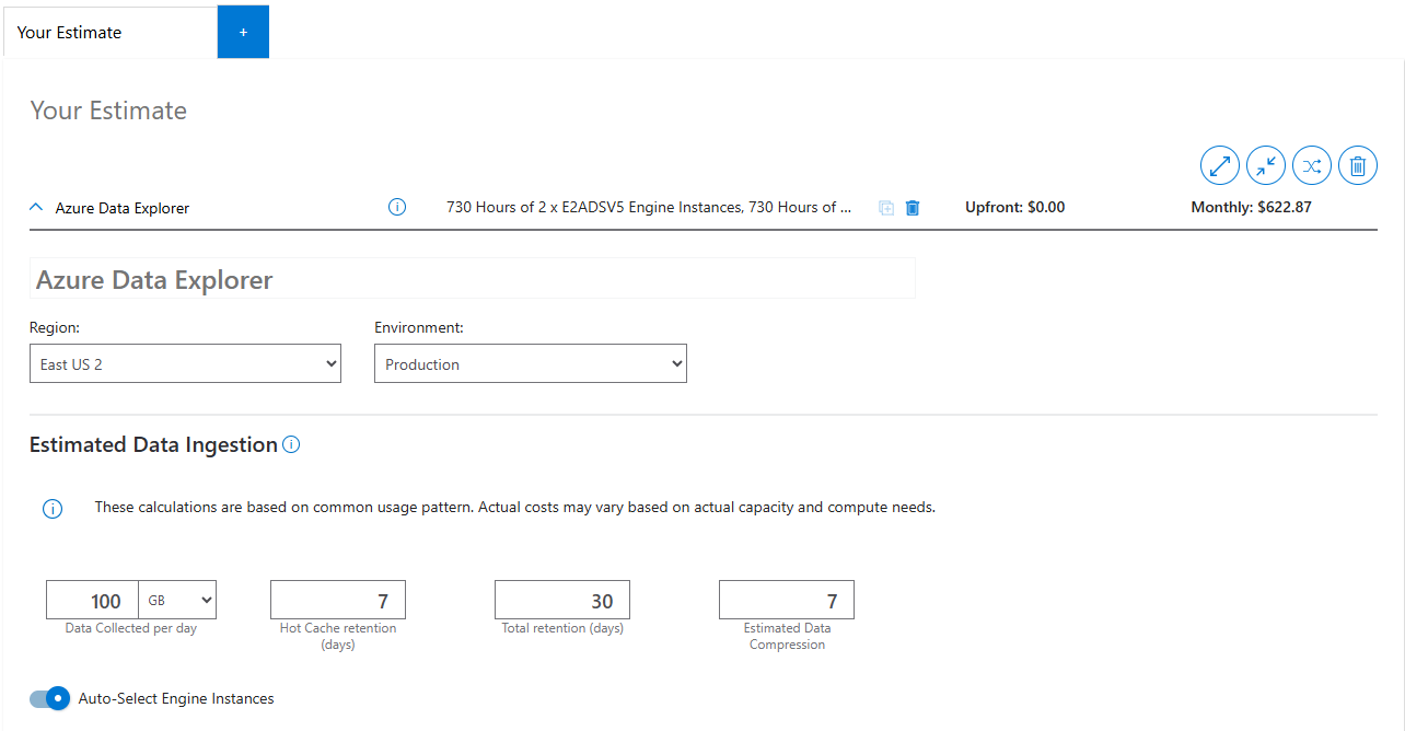 Screenshot of the online Azure Data Explorer pricing calculator.