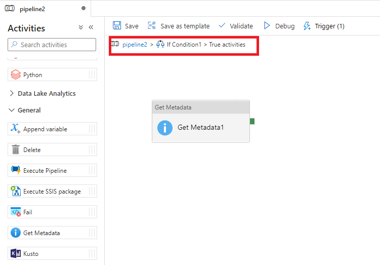 Screenshot showing an example If Condition activity inside the true branch with a highlight on the breadcrumb to navigate back to the parent pipeline.