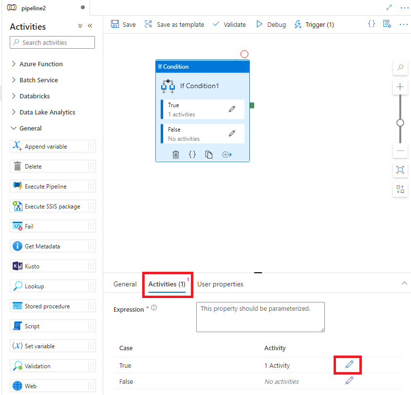 Screenshot showing an example If Condition activity with a highlight on the pencil icon to navigate.