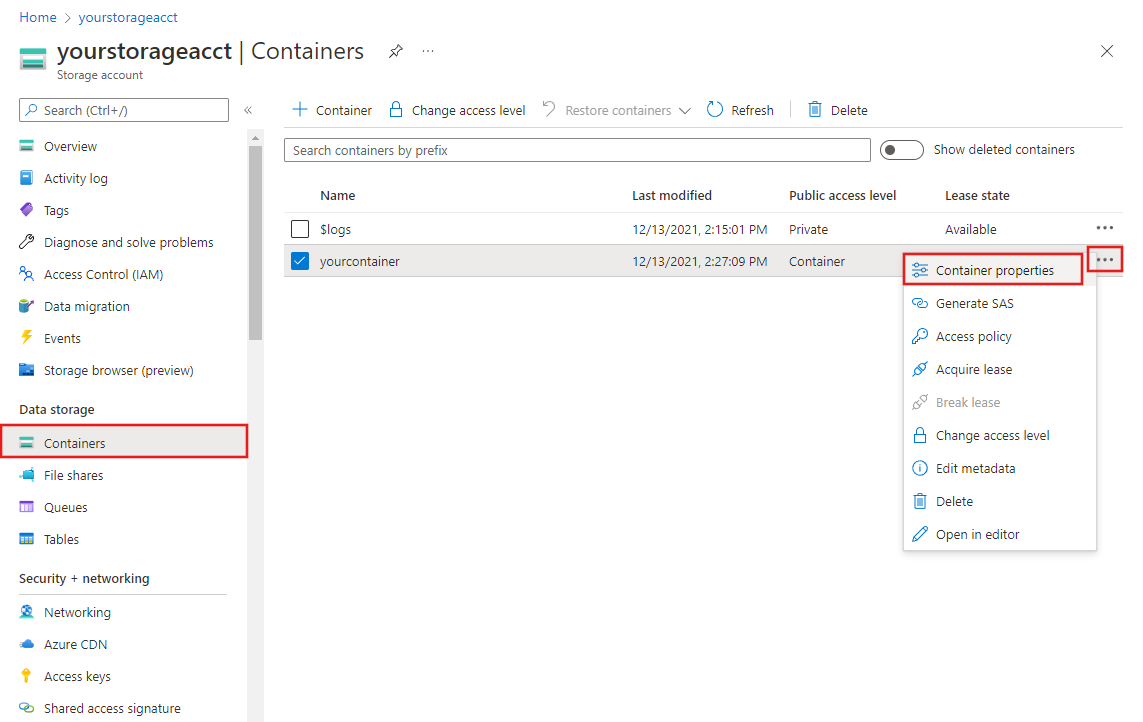 Screenshot shows an Azure Storage Account in the Azure portal with Containers selected. There's a container with its Container properties menu selected.