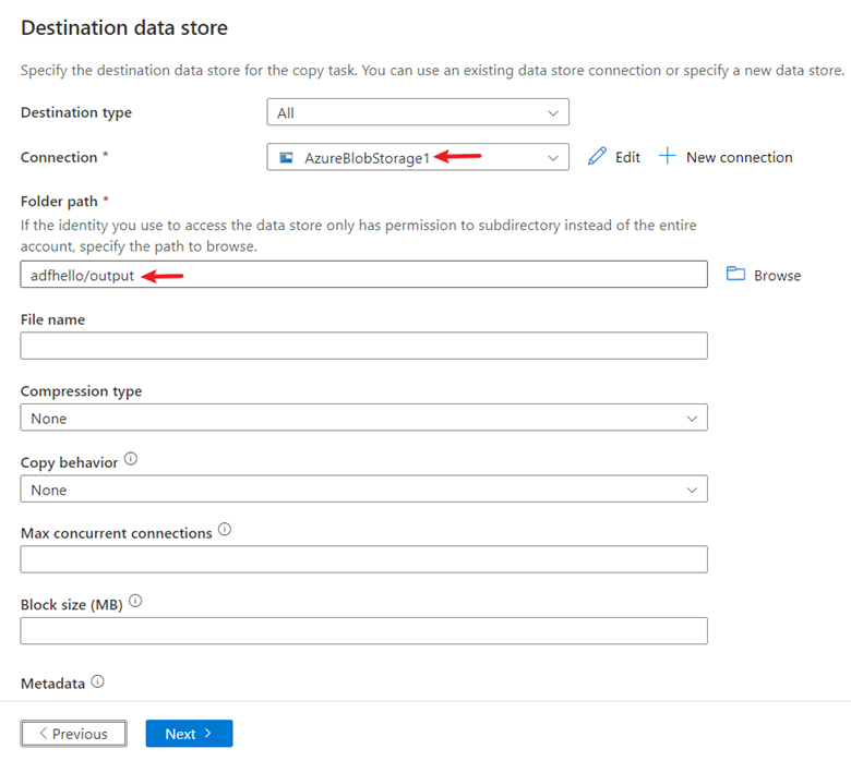 Screenshot that shows the Destination data store page.