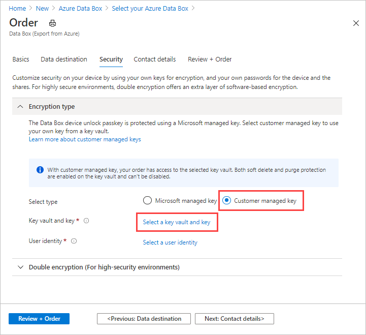 Security screen, settings for a customer-managed key