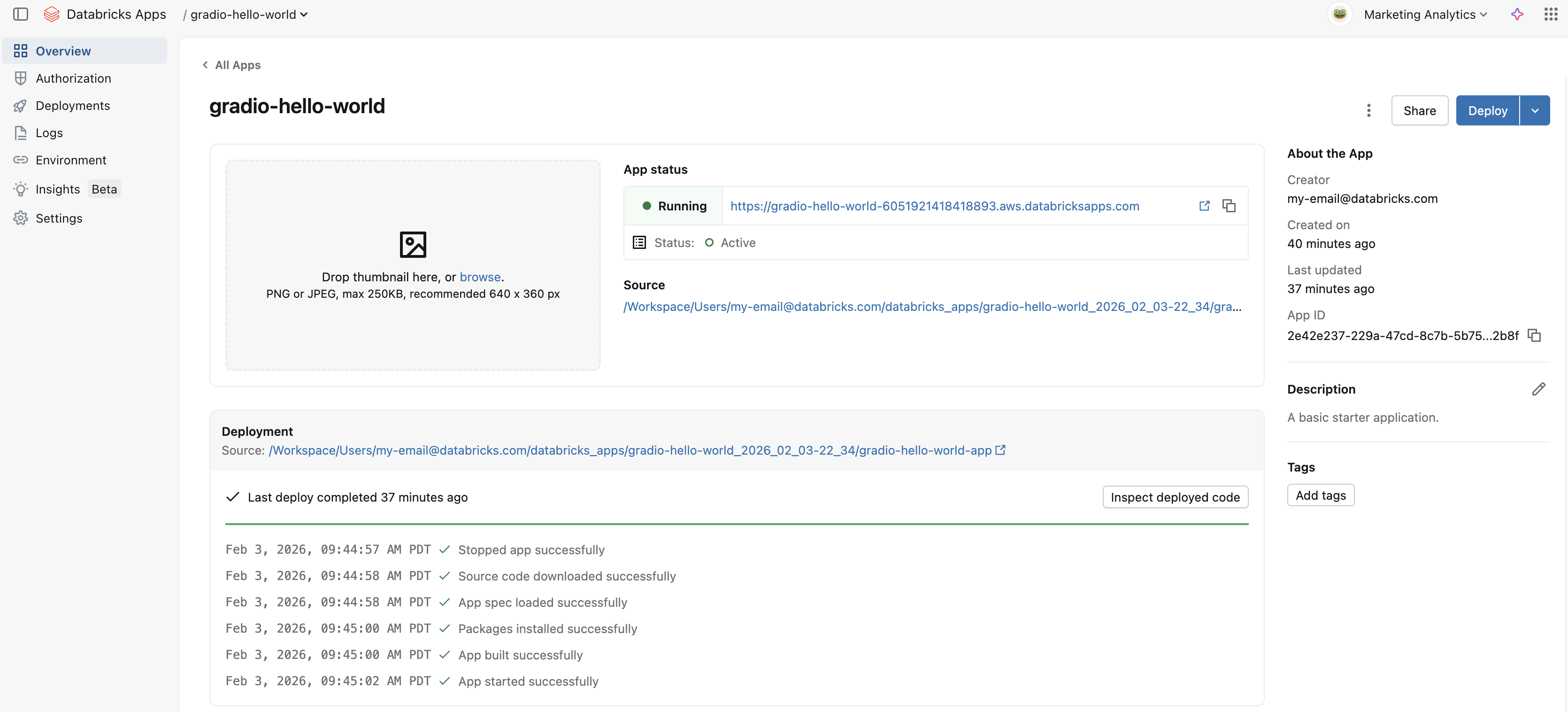 View the app overview page after app deployment