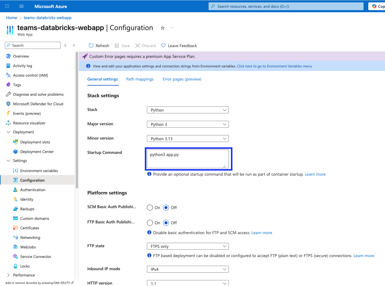 Update the startup command to run the Databricks agent