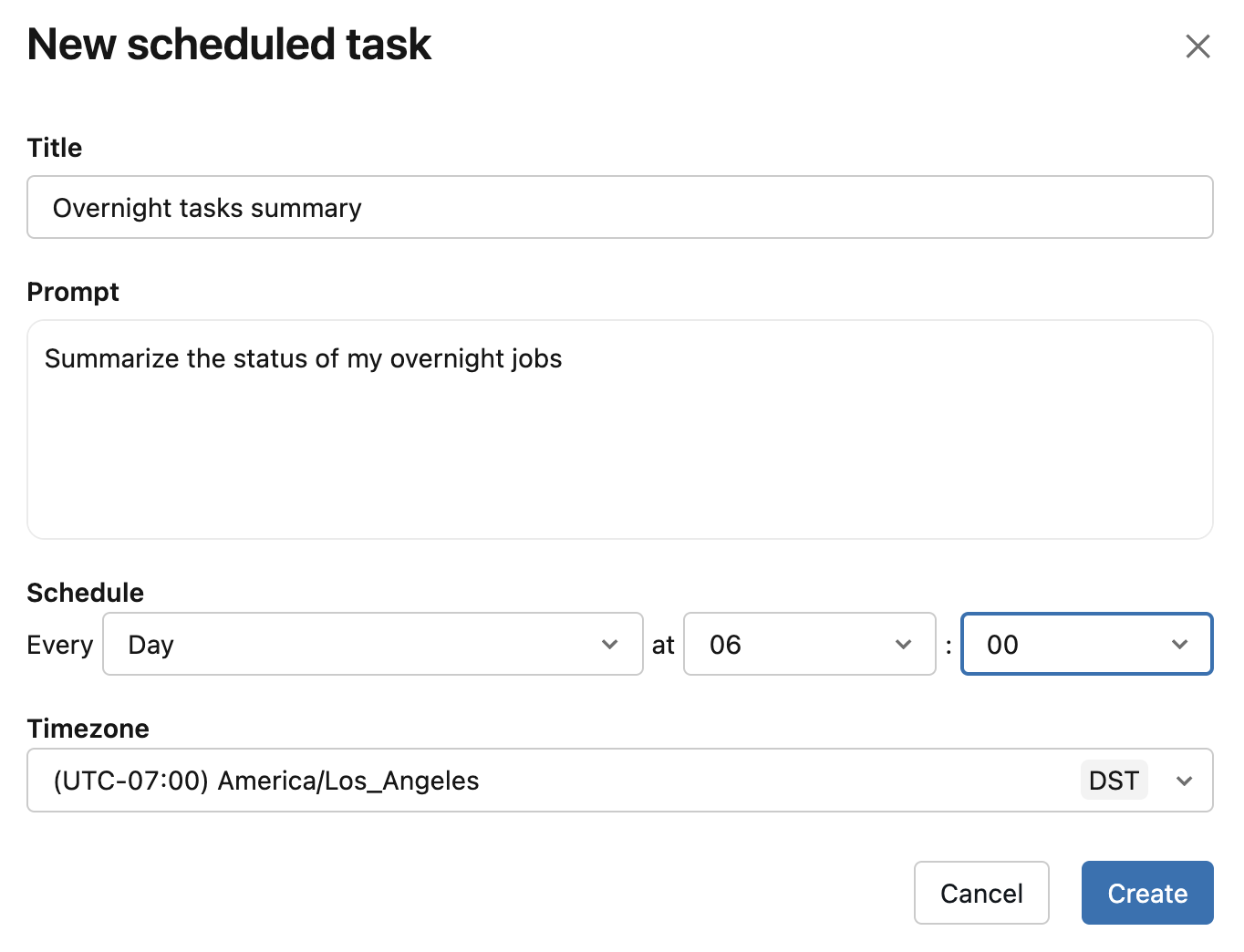 The New scheduled task dialog, with fields for title, prompt, schedule, and timezone.