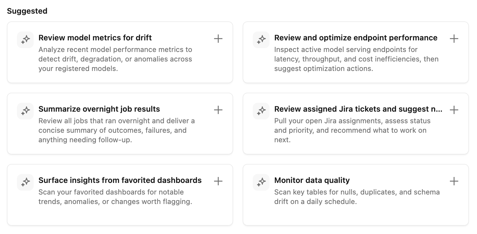A list of suggested scheduled tasks, each with a description and an add button.