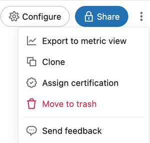 The agent kebab menu, showing the Export to metric view, Clone, Assign certification, Move to trash, and Send feedback options.