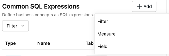 SQL expressions interface showing measures, filters, and dimensions