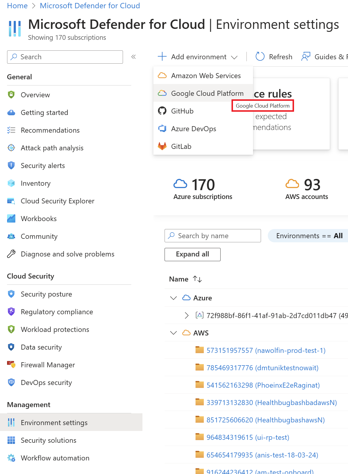 Screenshot of how to add a GCP environment in Microsoft Defender for Cloud.