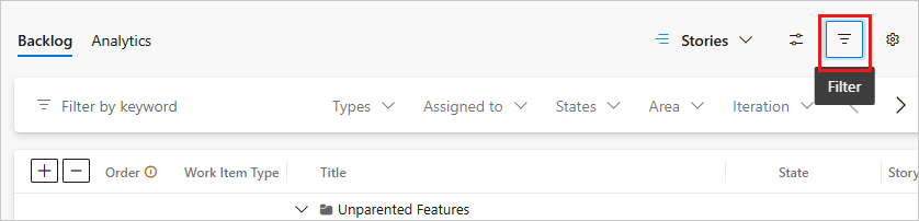 Screenshot of backlog filter toolbar.