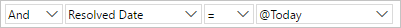 Screenshot that shows the Query Editor clause for finding items resolved today.