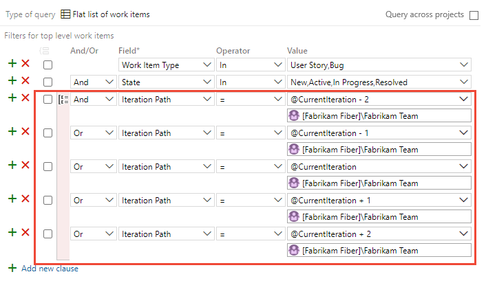 Screenshot that shows CurrentIteration plus and minus clauses.