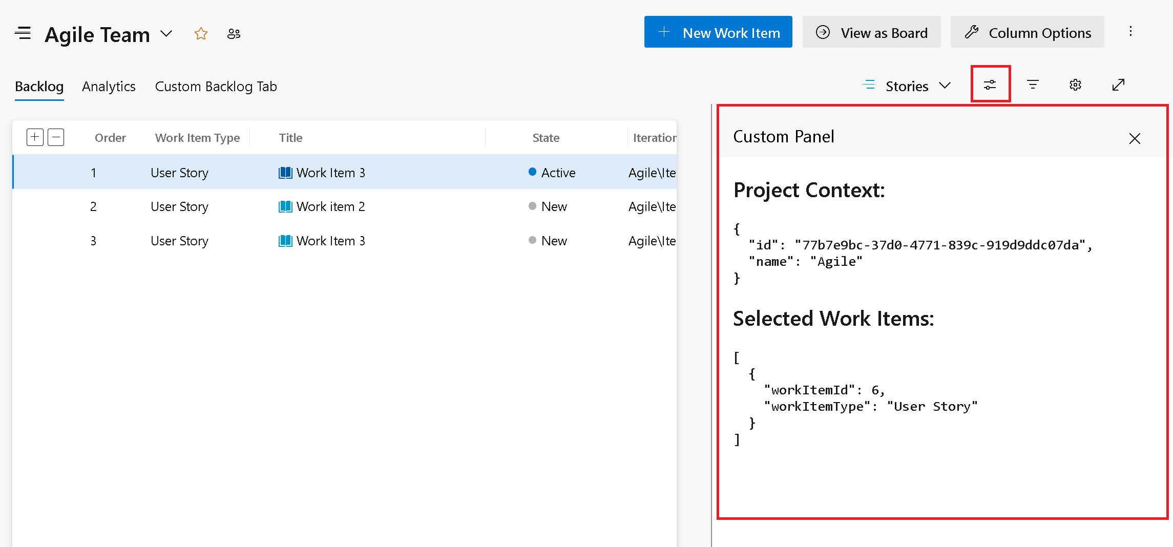 Screenshot of Product Backlog Custom Pane.