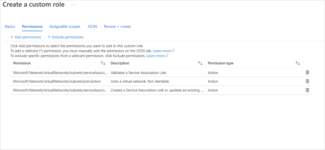 Screenshot that shows custom role permissions.