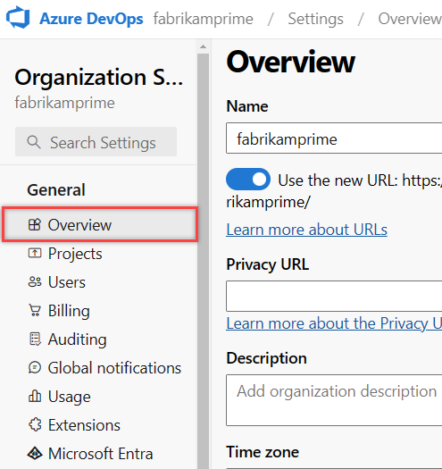 Screenshot showing the Overview button highlighted in Azure DevOps.