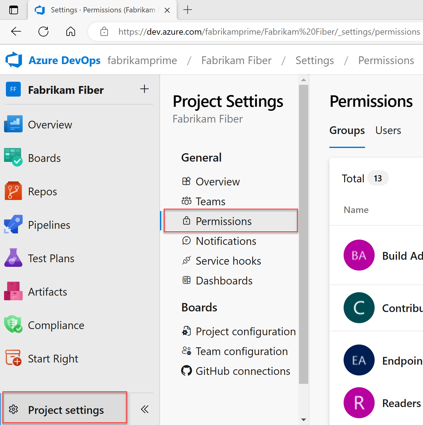 Permissions section in Project settings.