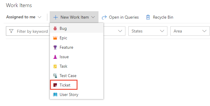 Work>Work Items page, add new work item, Ticket