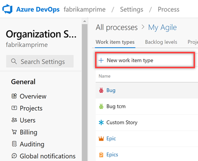 Screenshot showing Process, Inherited process, Work Item Types, Add new work item type.