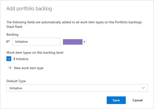 Screenshot showing Web portal, Add a portfolio backlog dialog, Save changes.