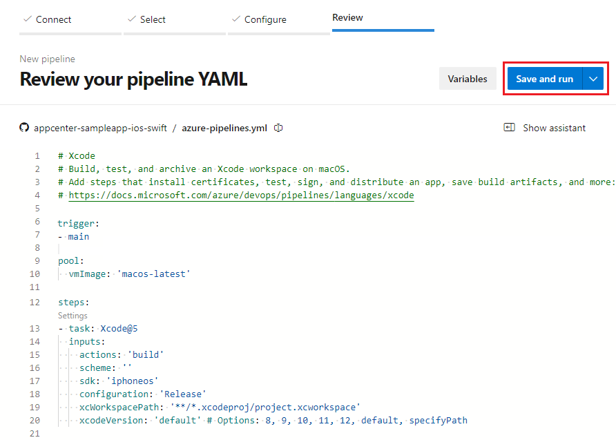 Screenshot of the Save and run button in a new YAML pipeline.