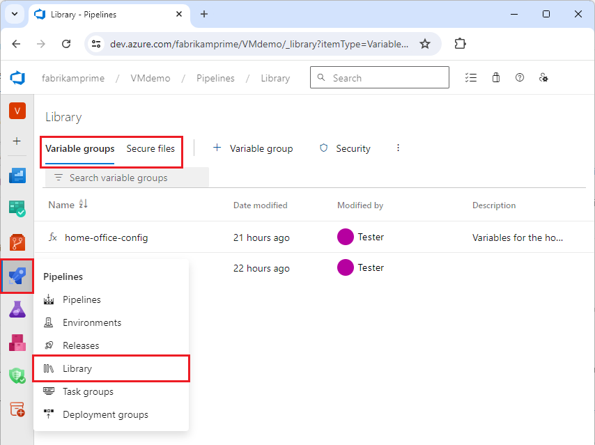 Screenshot of Azure Pipelines assets Library.