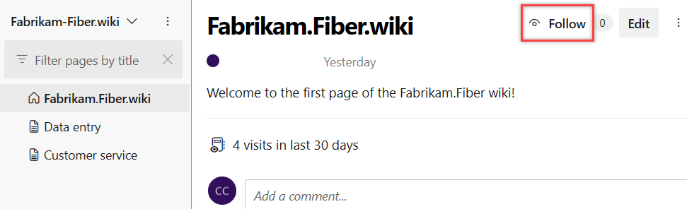 Screenshot showing the Follow button on a wiki page.