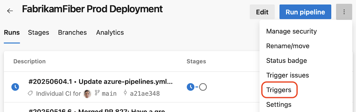 Screenshot of Pipelines Triggers page. Screenshot of Pipelines Triggers.