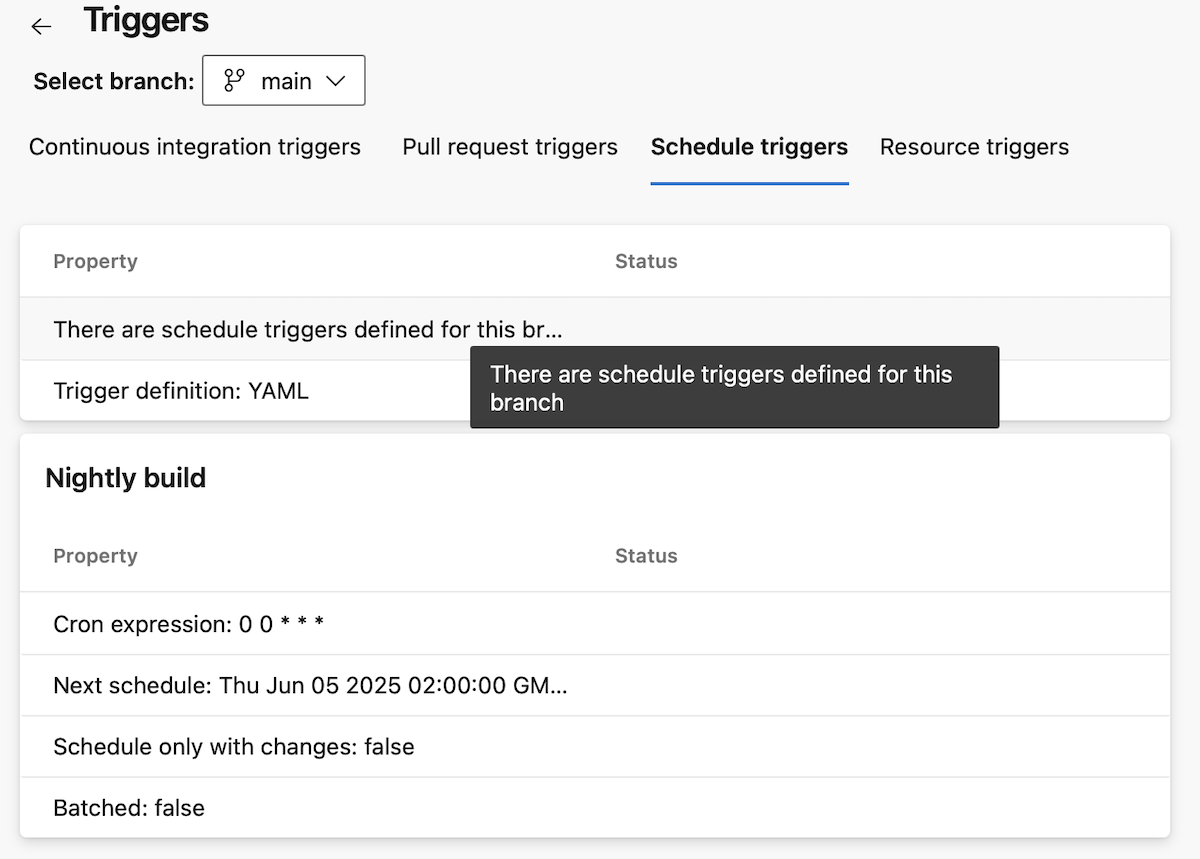 Screenshot of Pipelines schedule triggers details. Screenshot of Pipelines schedule triggers.