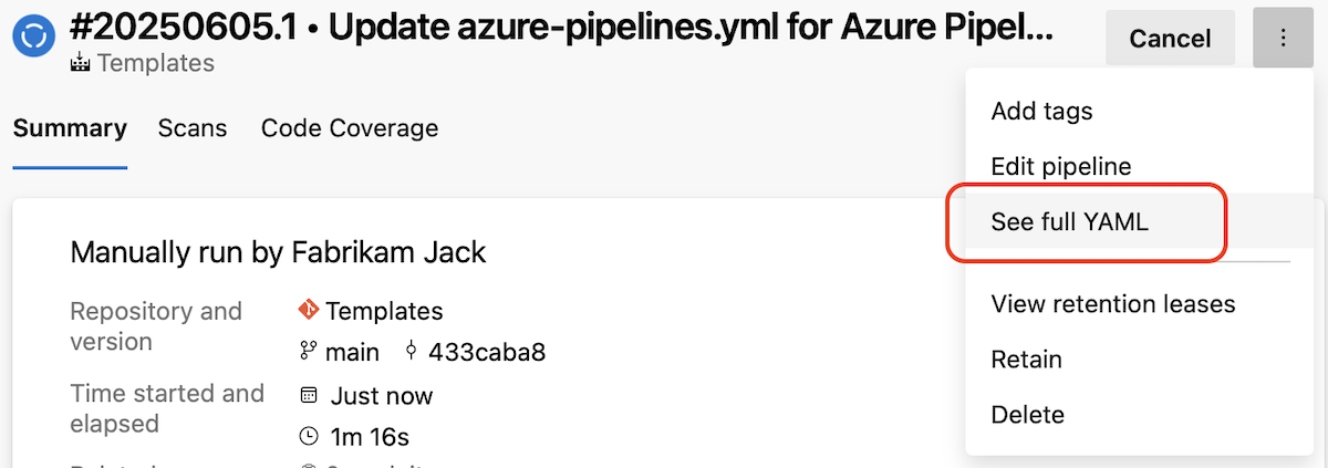 Screenshot of pipeline summary with see full YAML option. Screenshot of pipeline summary with see full YAML option.