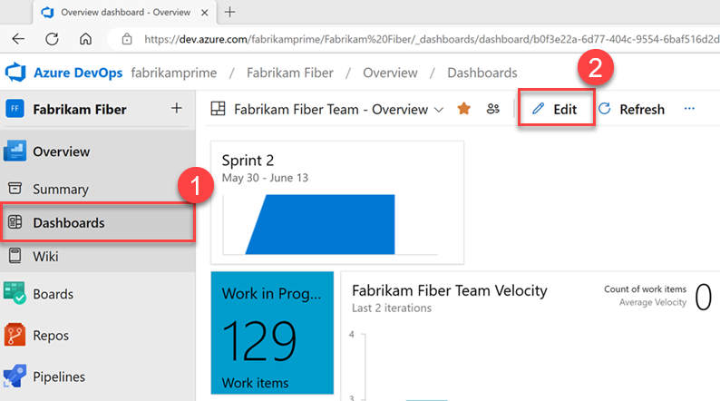 Screenshot showing sequence of selection for Dashboards, Edit function.