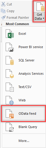 Screenshot that shows the Power BI OData feed command.