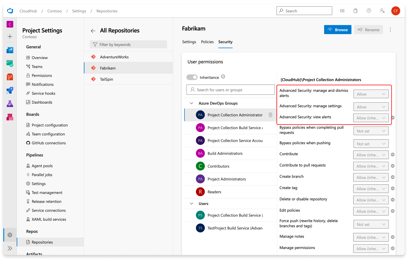 Screenshot of adjusting permissions for a specific repository.