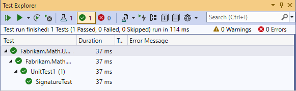 Screenshot of Unit Test Explorer with one passed test.