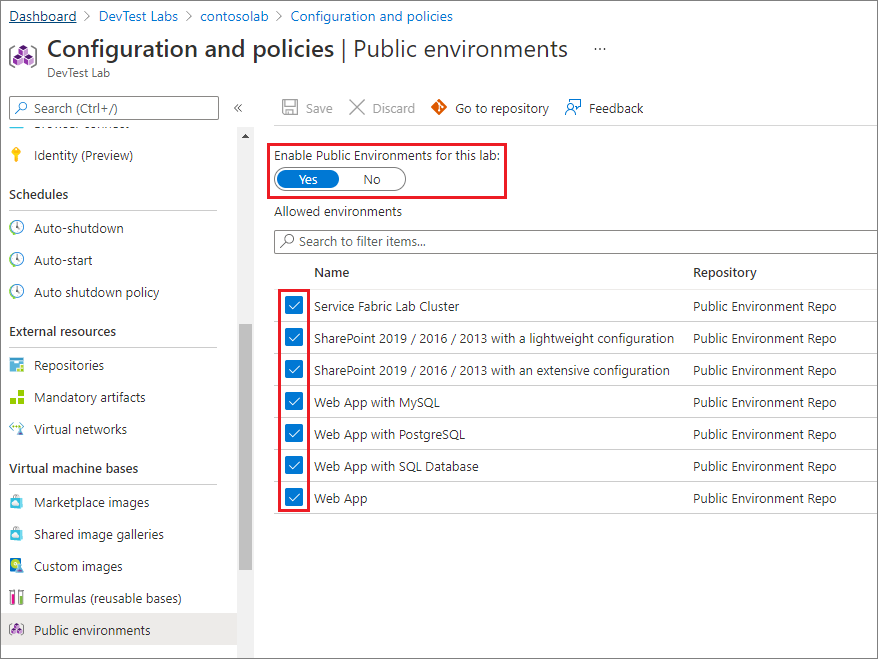 Screenshot that shows the list of public environments for a lab.
