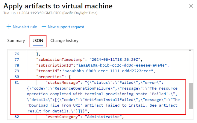 Screenshot that shows how to view the JSON details for the Activity log entry for a failed artifact.