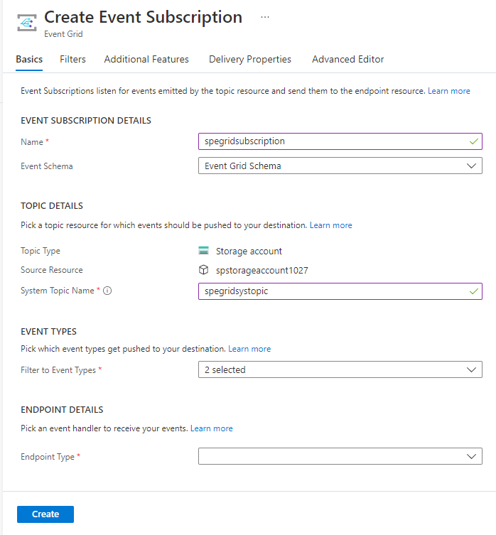 Screenshot showing the Create Event Subscription page with a name for the system topic.