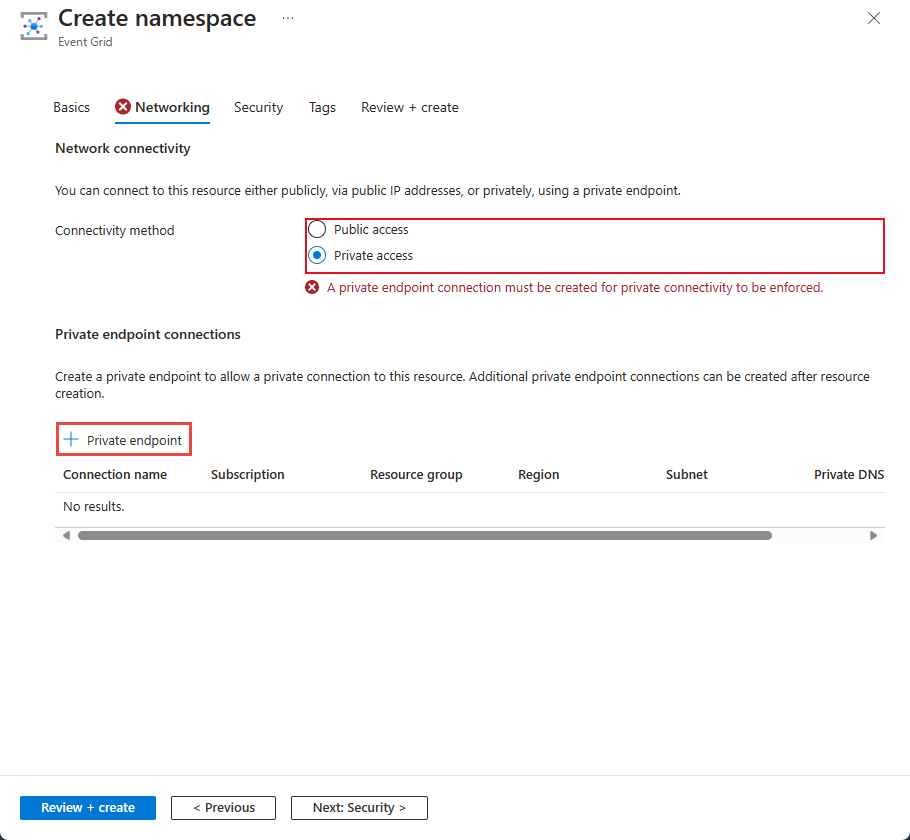 Screenshot that shows the Networking page of the Create namespace wizard with Private access option selected.